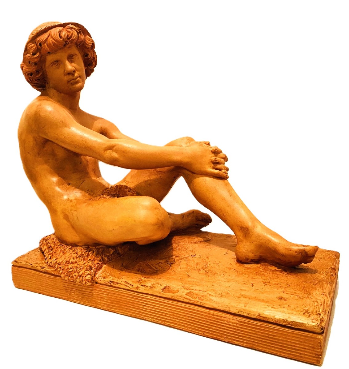 Sculpture jeune homme nu au chapeau en terre cuite de LAFORESTERIE du 19ème siècle