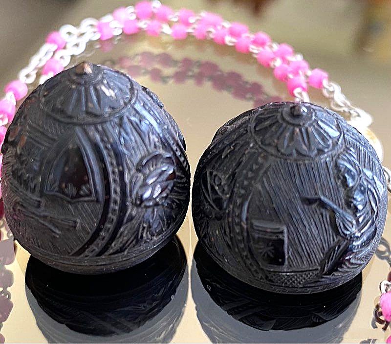 Superbe noix de Coroso ancienne finement sculptée et chapelet fin 19ème siècle-photo-4