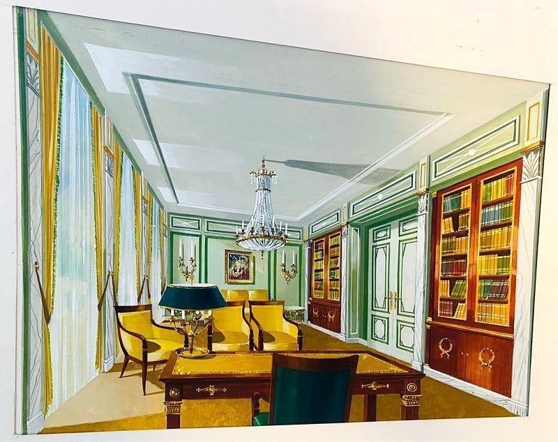 Ancienne aquarelle décor intérieur Palais Princier Maison Mercier Paris-photo-2