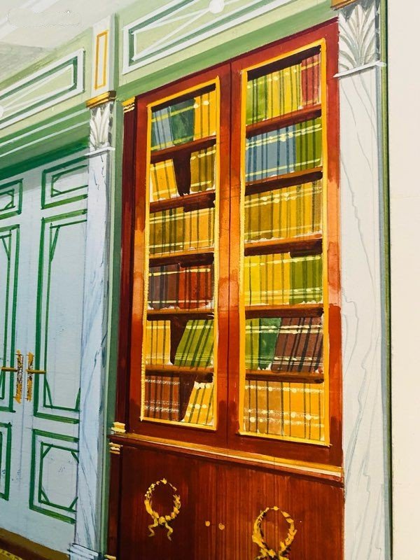 Ancienne aquarelle décor intérieur Palais Princier Maison Mercier Paris-photo-4