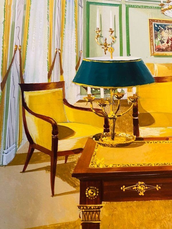 Ancienne aquarelle décor intérieur Palais Princier Maison Mercier Paris-photo-2