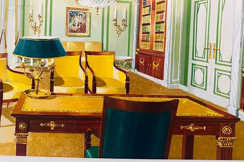 Ancienne aquarelle décor intérieur Palais Princier Maison Mercier Paris-photo-3