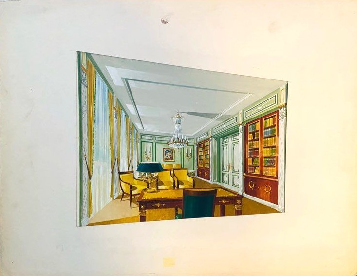 Ancienne aquarelle décor intérieur Palais Princier Maison Mercier Paris