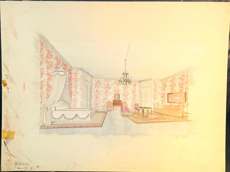 Ancienne aquarelle décoration demeure Princière par Maison Mercier à Paris