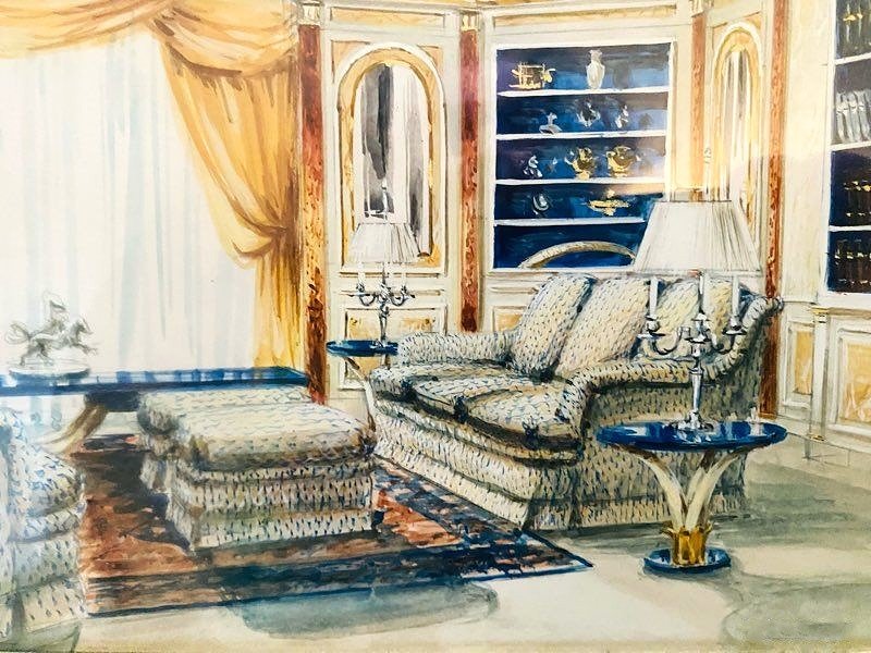 Antique Watercolor Decoration Of The Residence Of Prince Khalid Bin Fahad By Maison Mercier In Paris-photo-2