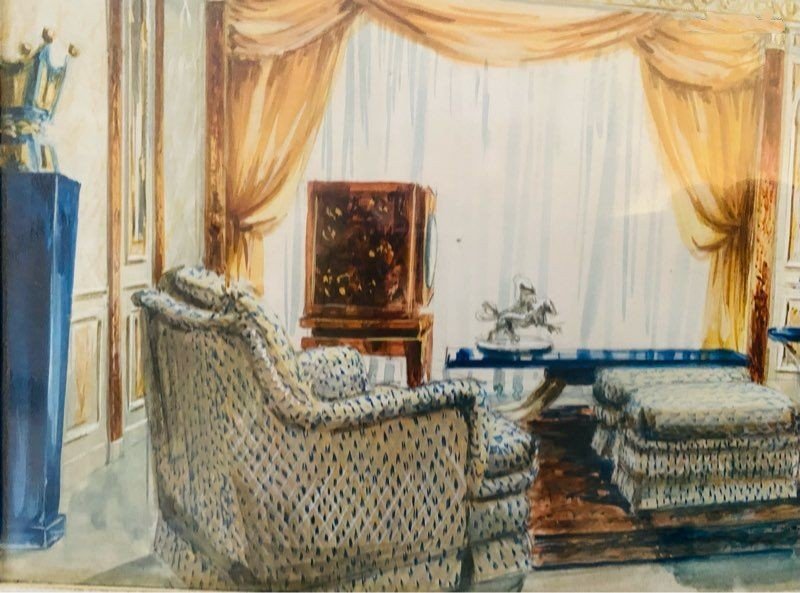 Antique Watercolor Decoration Of The Residence Of Prince Khalid Bin Fahad By Maison Mercier In Paris-photo-3