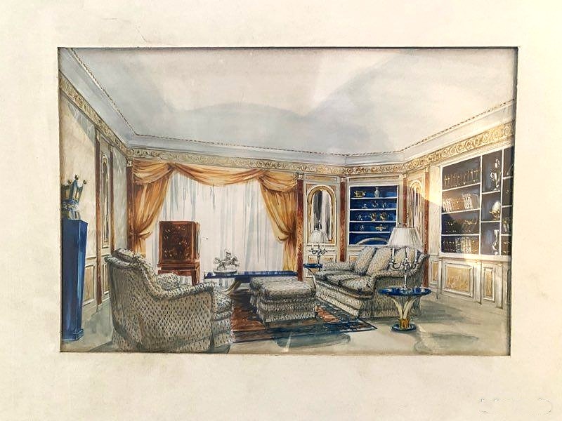 Antique Watercolor Decoration Of The Residence Of Prince Khalid Bin Fahad By Maison Mercier In Paris