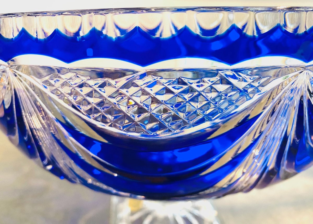 Large Cobalt Blue Chased Crystal Bowl Circa 1960 Lemberg Crystal Works-photo-2