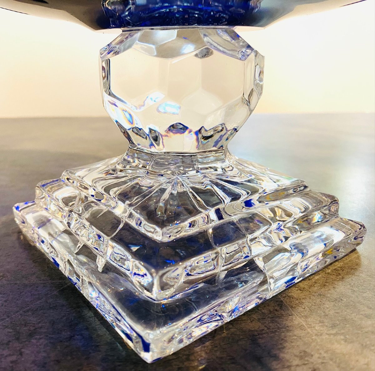 Large Cobalt Blue Chased Crystal Bowl Circa 1960 Lemberg Crystal Works-photo-3