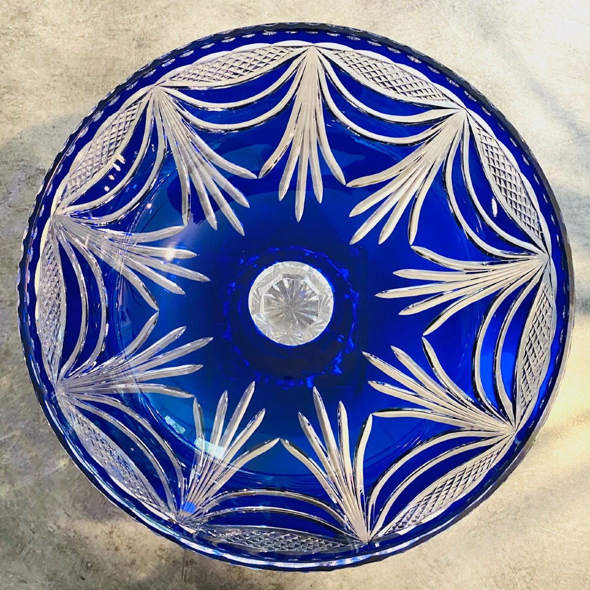 Large Cobalt Blue Chased Crystal Bowl Circa 1960 Lemberg Crystal Works-photo-4