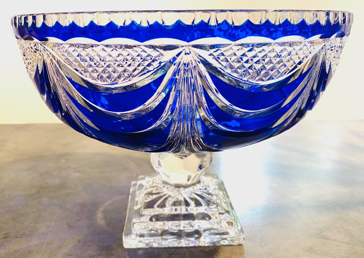 Large Cobalt Blue Chased Crystal Bowl Circa 1960 Lemberg Crystal Works-photo-1