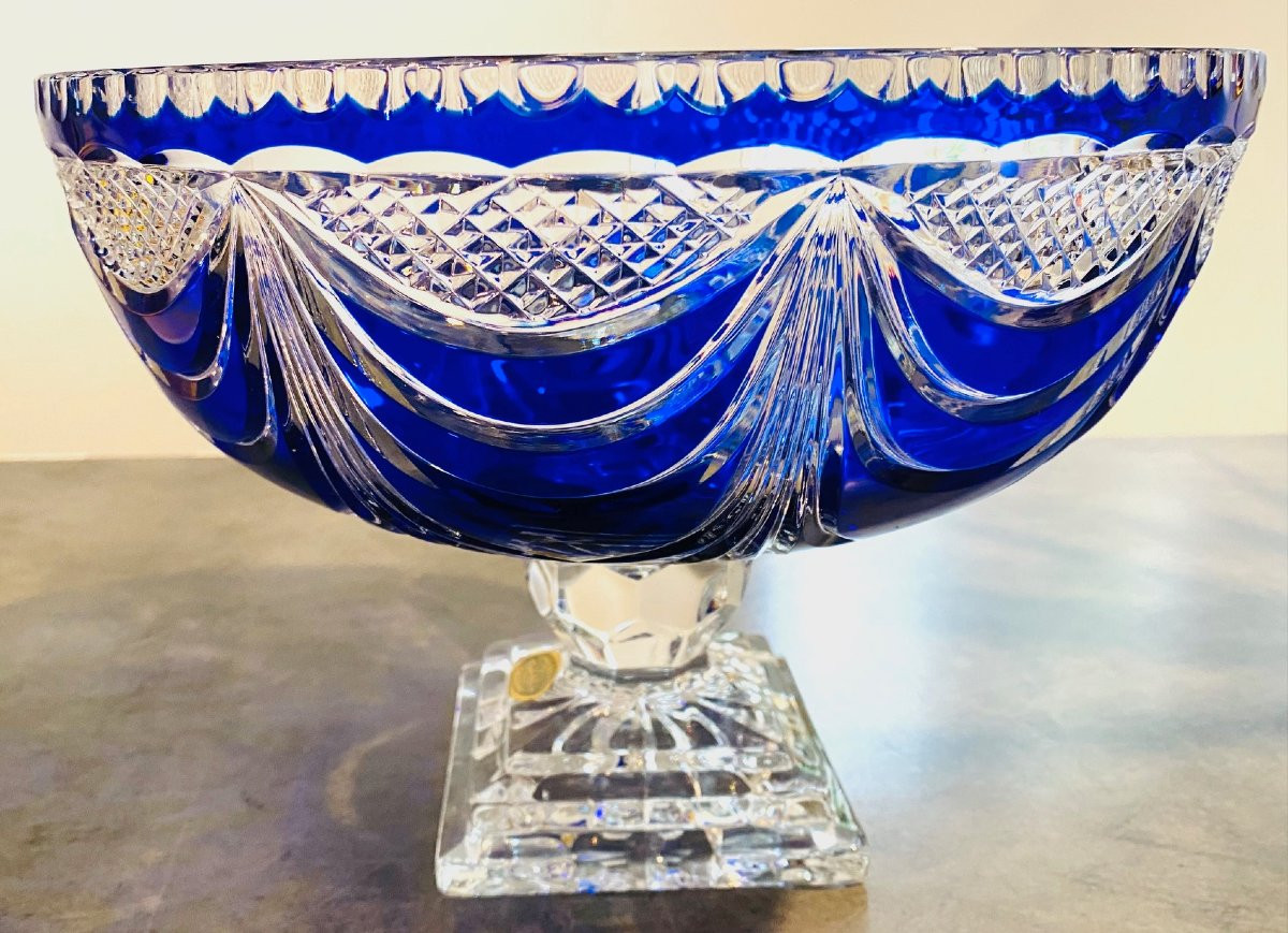Large Cobalt Blue Chased Crystal Bowl Circa 1960 Lemberg Crystal Works-photo-2