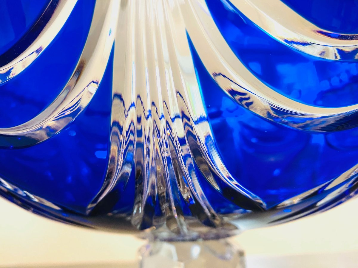Large Cobalt Blue Chased Crystal Bowl Circa 1960 Lemberg Crystal Works-photo-3