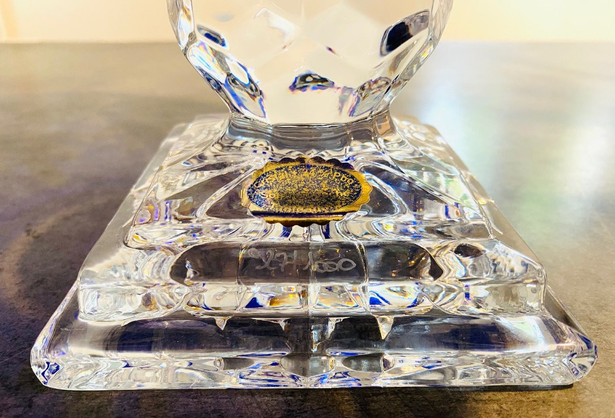 Large Cobalt Blue Chased Crystal Bowl Circa 1960 Lemberg Crystal Works-photo-4
