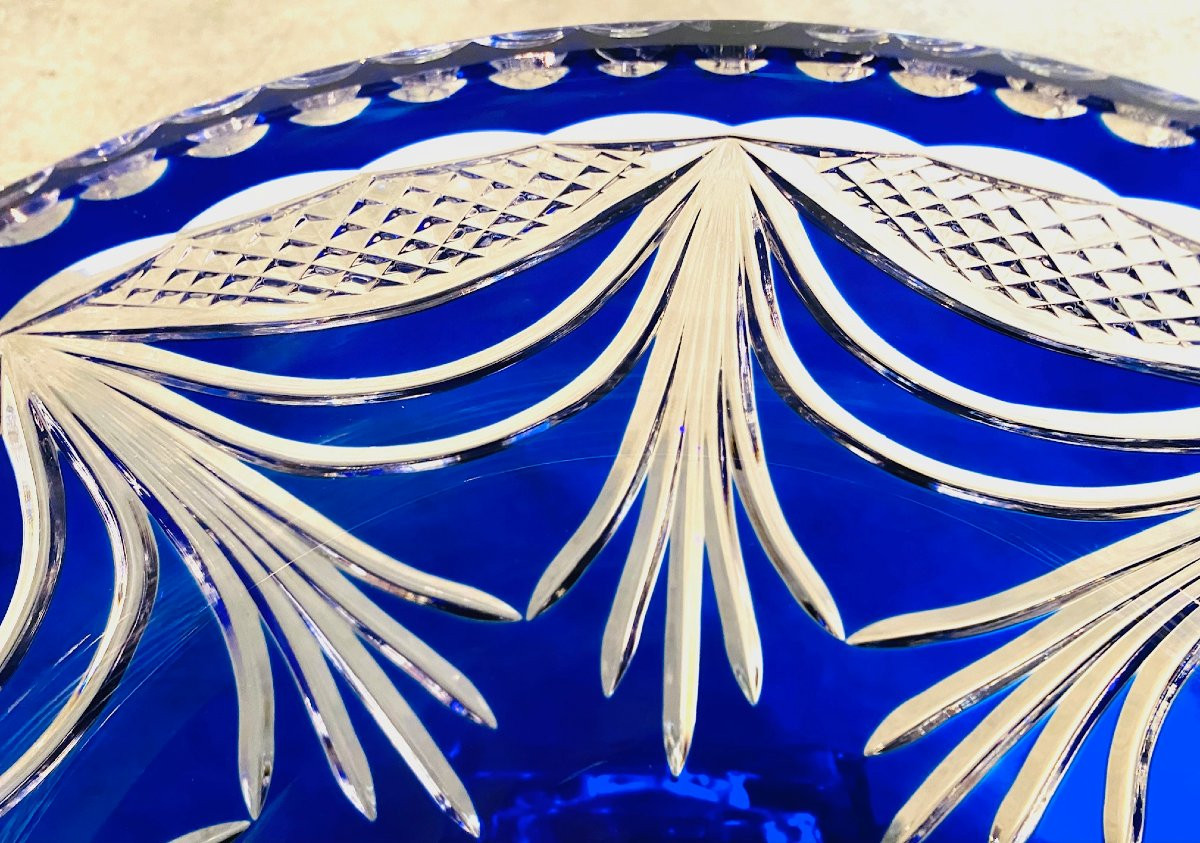 Large Cobalt Blue Chased Crystal Bowl Circa 1960 Lemberg Crystal Works-photo-5