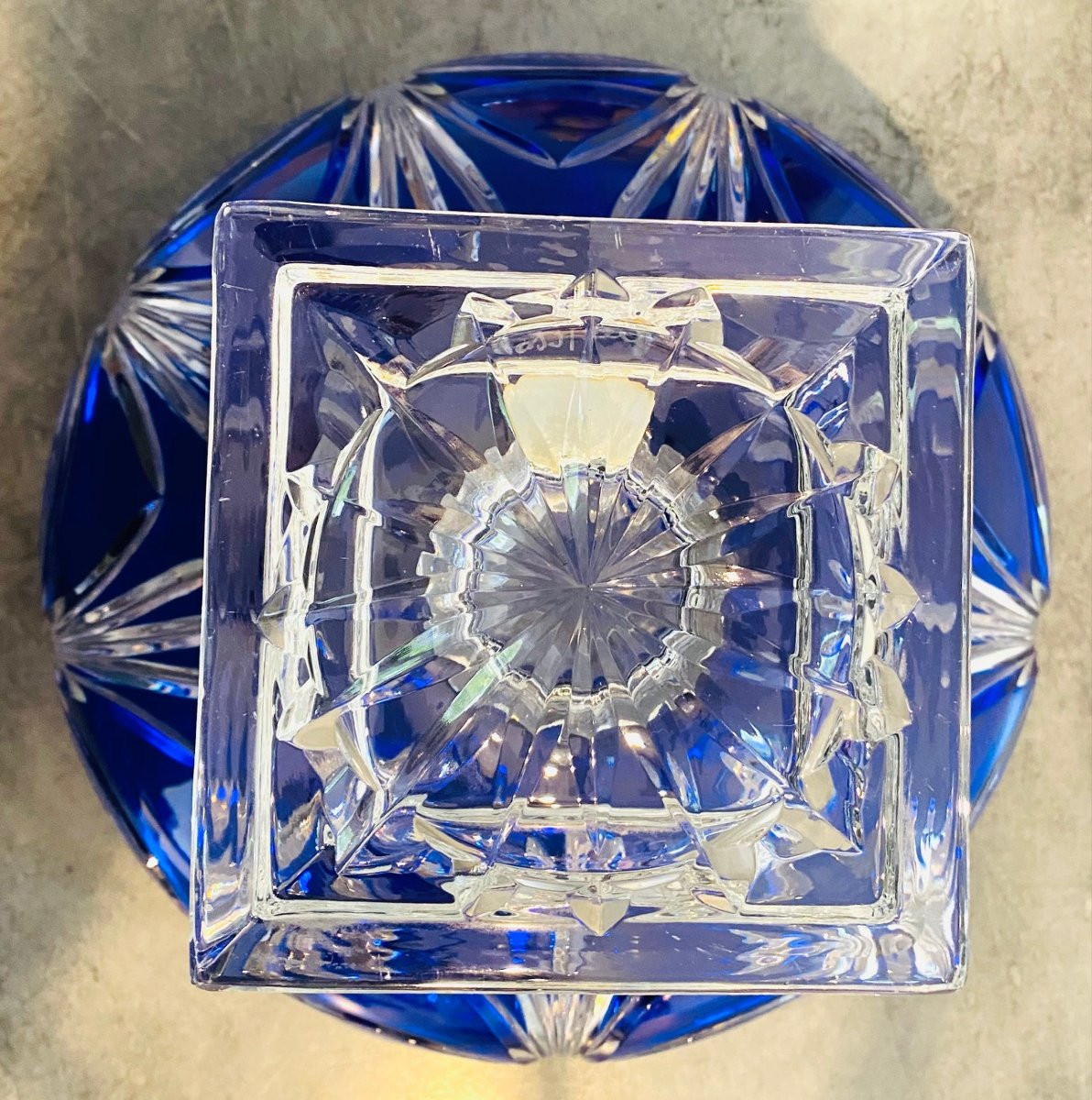 Large Cobalt Blue Chased Crystal Bowl Circa 1960 Lemberg Crystal Works-photo-6