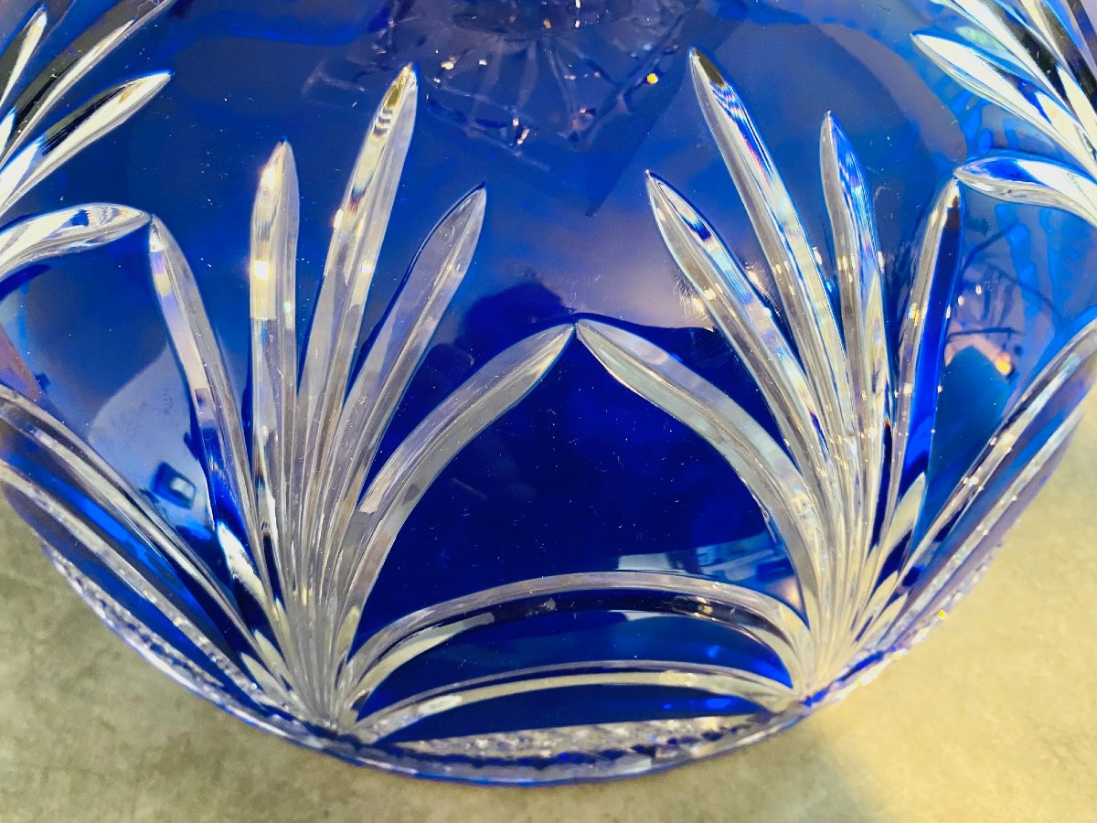 Large Cobalt Blue Chased Crystal Bowl Circa 1960 Lemberg Crystal Works-photo-7