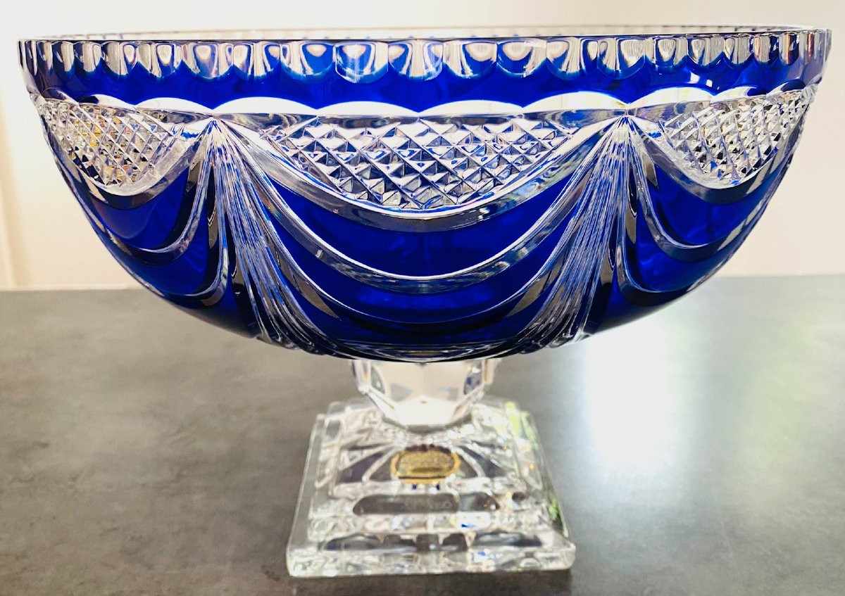 Large Cobalt Blue Chased Crystal Bowl Circa 1960 Lemberg Crystal Works-photo-8