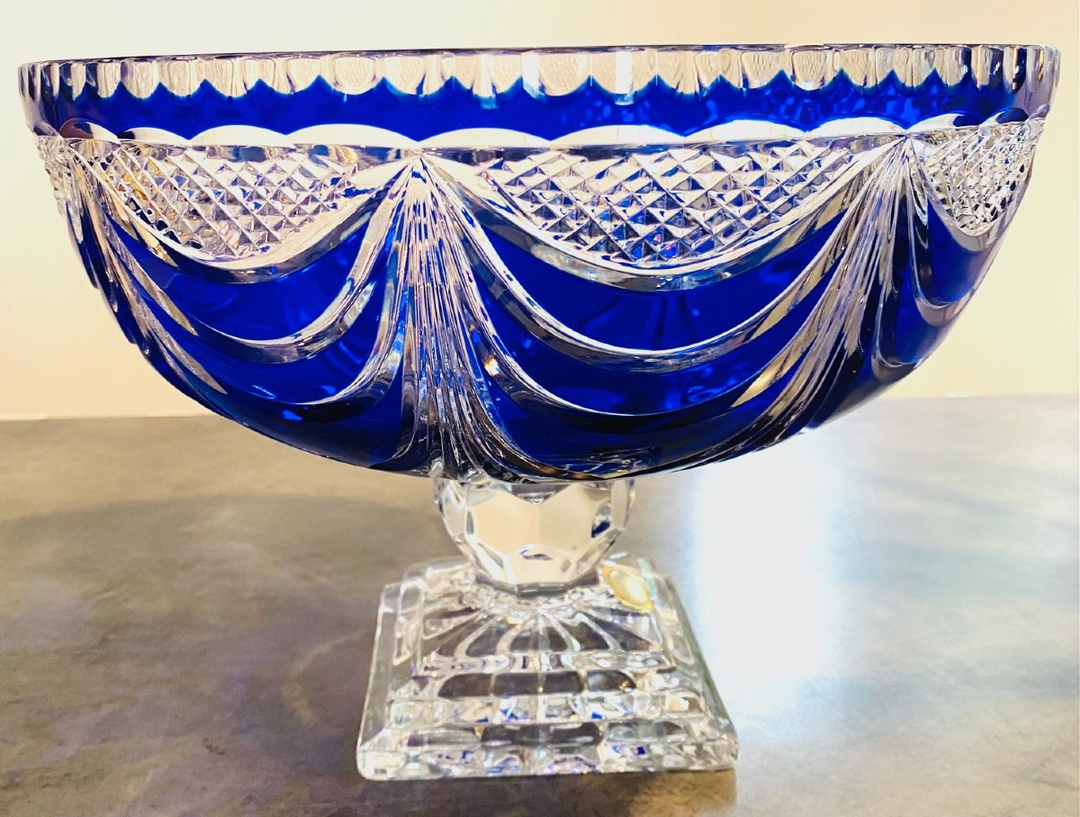 Large Cobalt Blue Chased Crystal Bowl Circa 1960 Lemberg Crystal Works