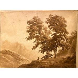 Old Sepia Wash Drawing By P De La Rive, 19th Century
