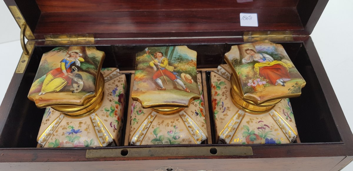 Boulle Technical Tea Box And Three Porcelain Bottles Accompanied By Gallant Scenes-photo-1