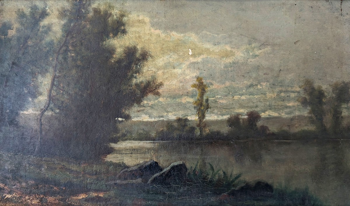 Night River Landscape - French School, Mid-19th Century, Oil On Cardboard (13.3" X 20.4")-photo-5