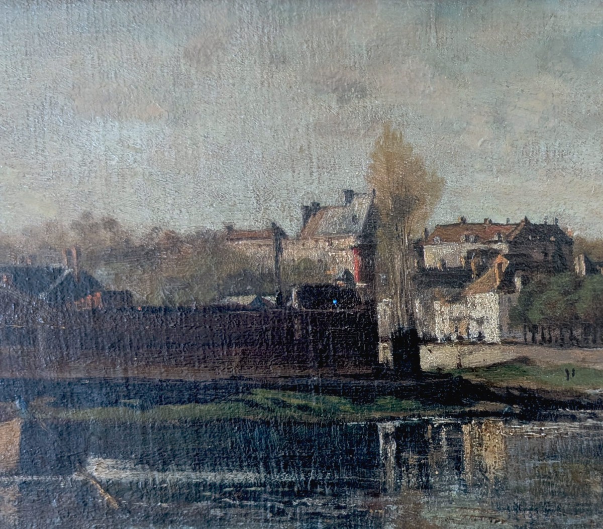 Édouard Lobjoy - Berges de l’Yonne à Auxerre, huile sur toile, signé (fin XIXᵉ s)-photo-1
