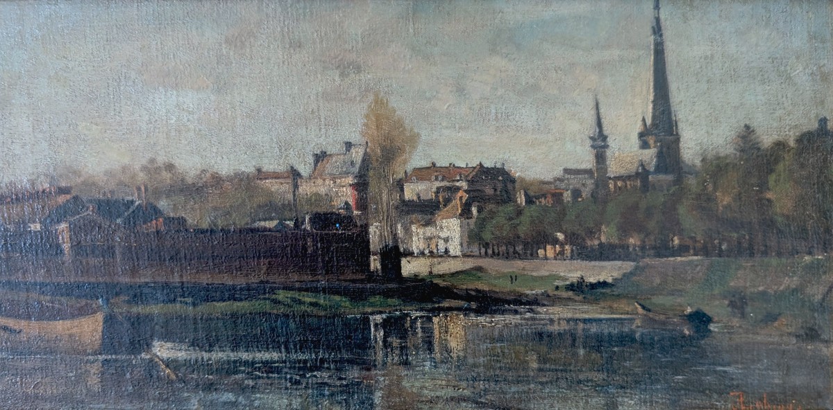 Édouard Lobjoy - Berges de l’Yonne à Auxerre, huile sur toile, signé (fin XIXᵉ s)-photo-3