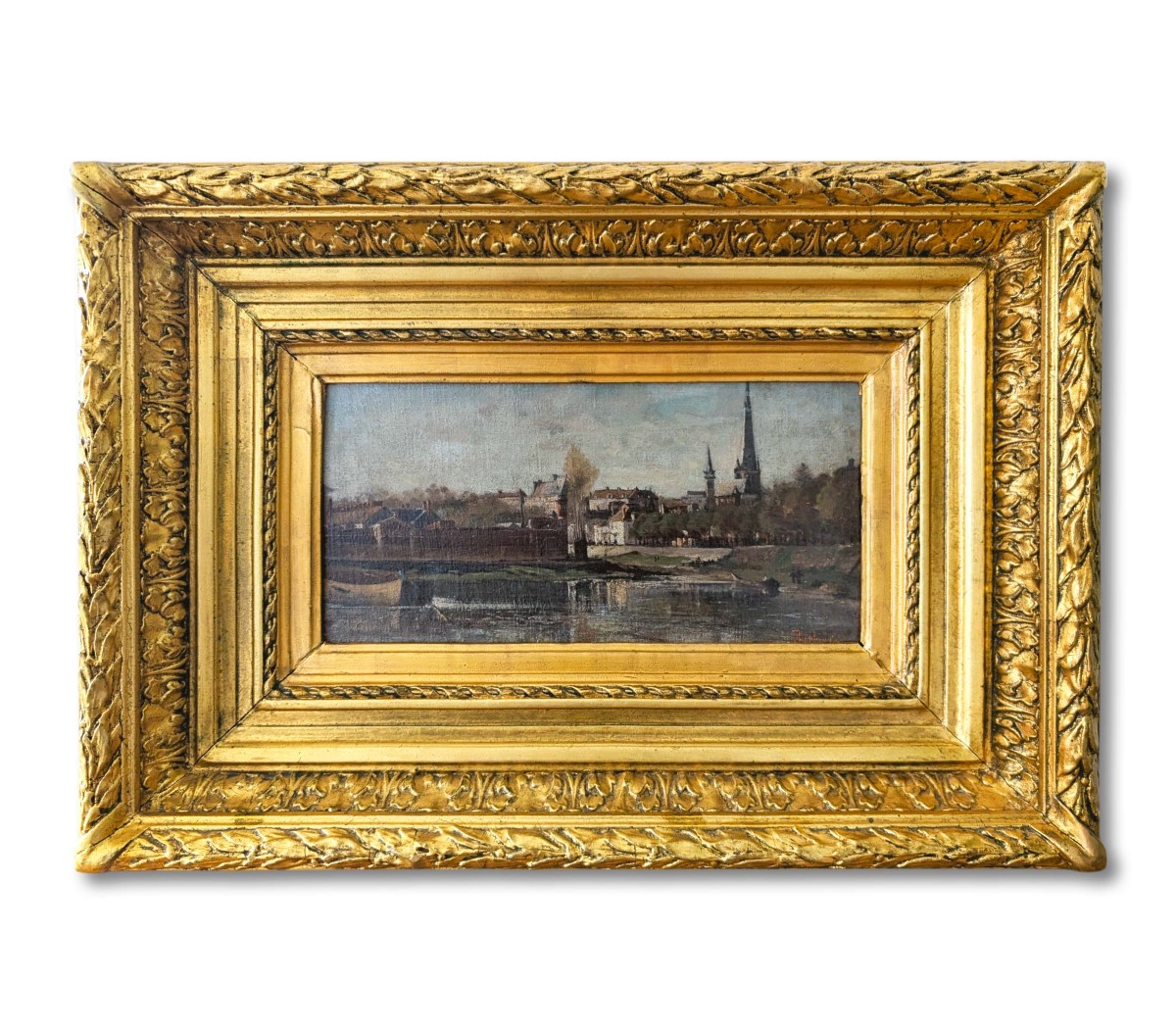 Édouard Lobjoy - Berges de l’Yonne à Auxerre, huile sur toile, signé (fin XIXᵉ s)