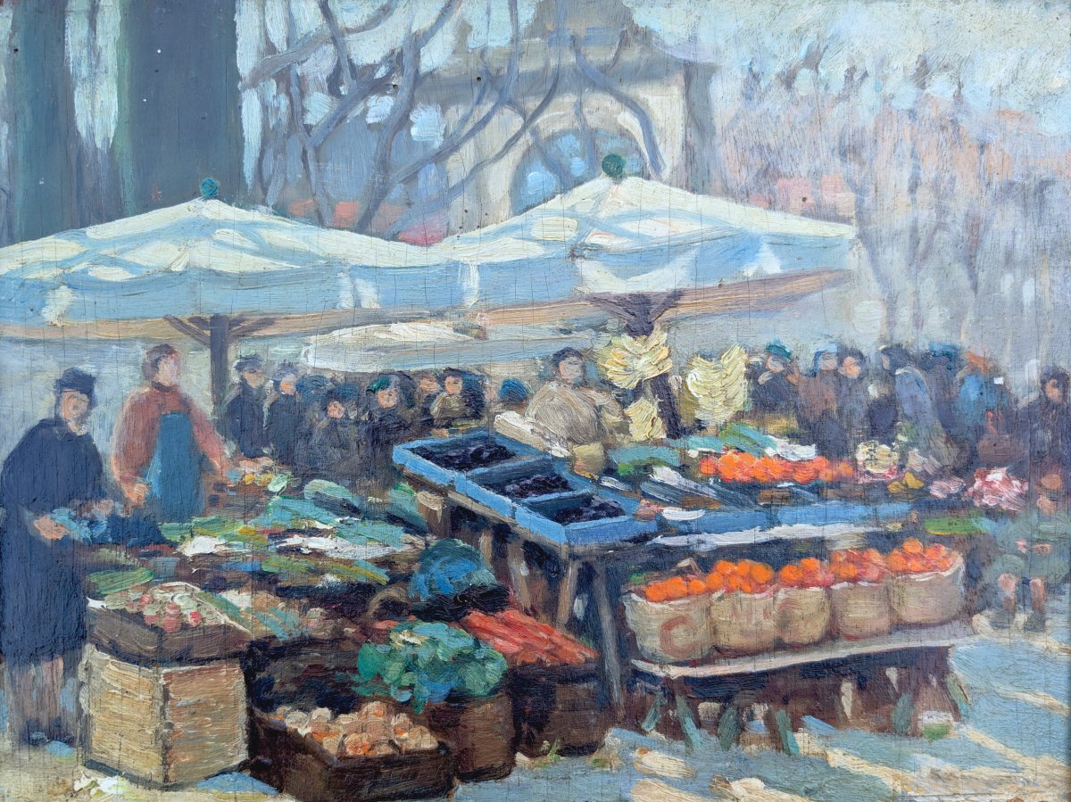 Early 20th Century, Market Scene, Oil On Wood Panel-photo-6