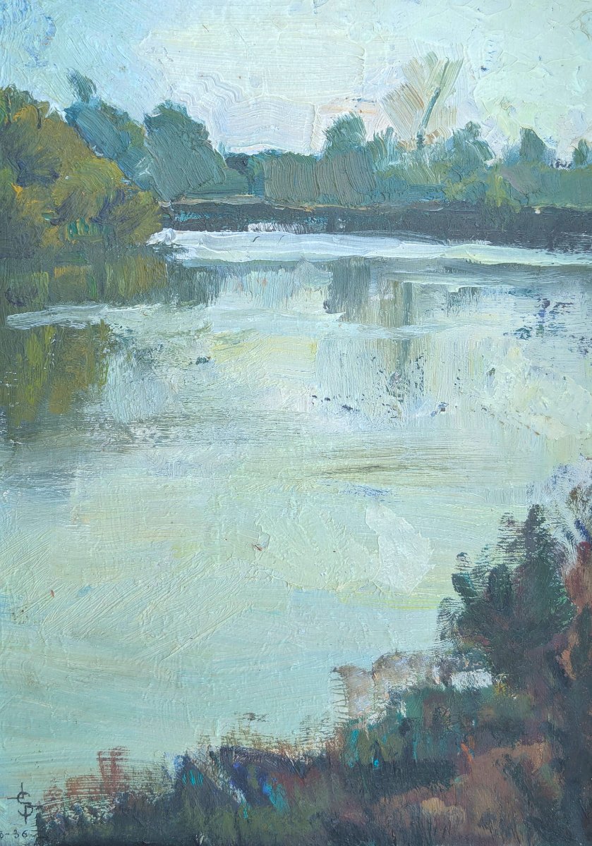 Lakeside Landscape, Oil On Panel, Monogrammed "s," Dated 1936-photo-5