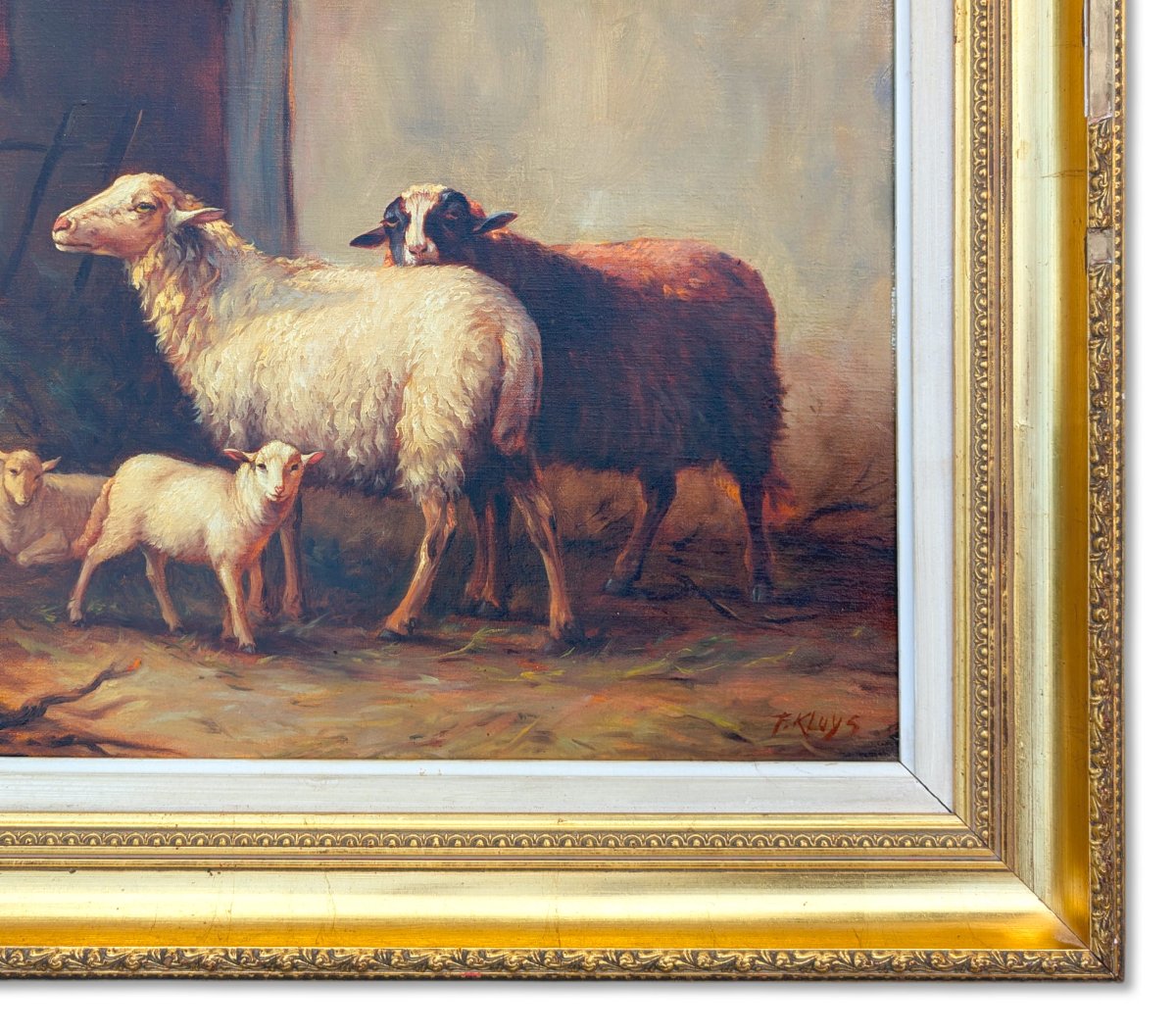 Peinture animalière signée - Les Moutons à la bergerie-photo-3
