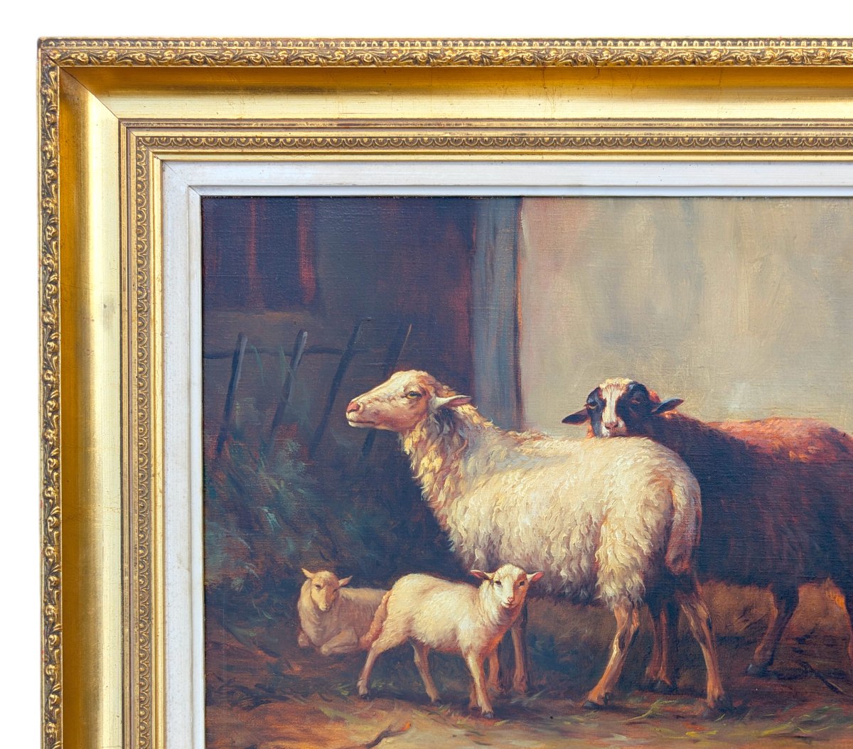 Peinture animalière signée - Les Moutons à la bergerie-photo-3
