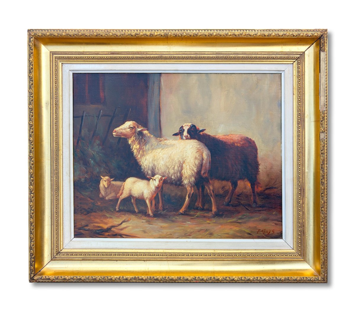 Peinture animalière signée - Les Moutons à la bergerie