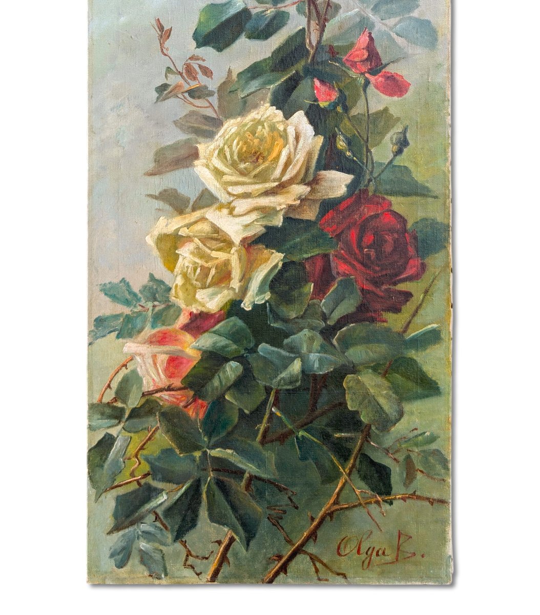 Pair Of Large Decorative Panels Depicting Roses, Oil On Canvas, Late 19th Century-photo-3
