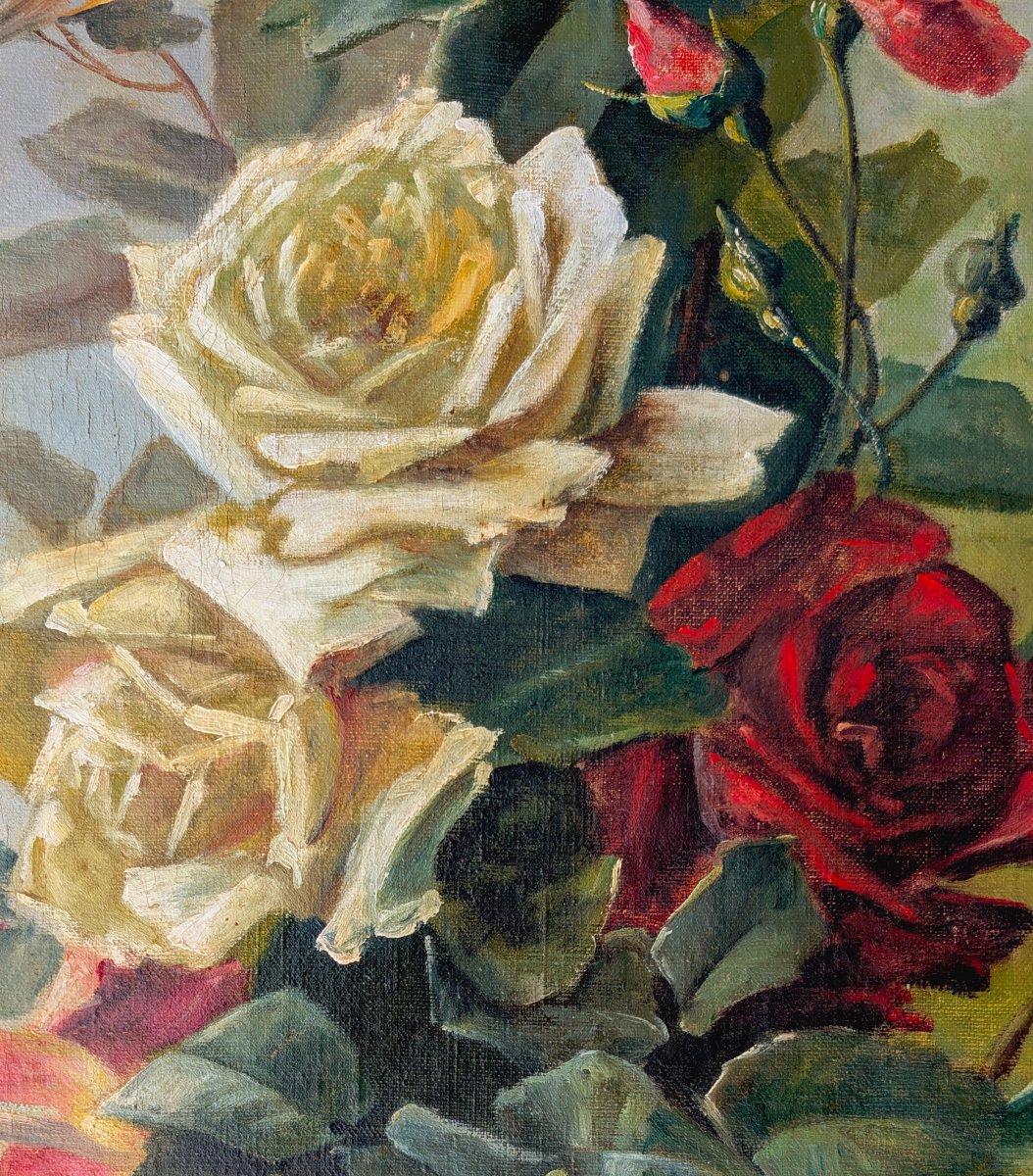 Pair Of Large Decorative Panels Depicting Roses, Oil On Canvas, Late 19th Century-photo-4