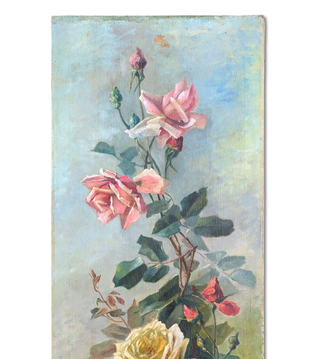 Pair Of Large Decorative Panels Depicting Roses, Oil On Canvas, Late 19th Century-photo-1