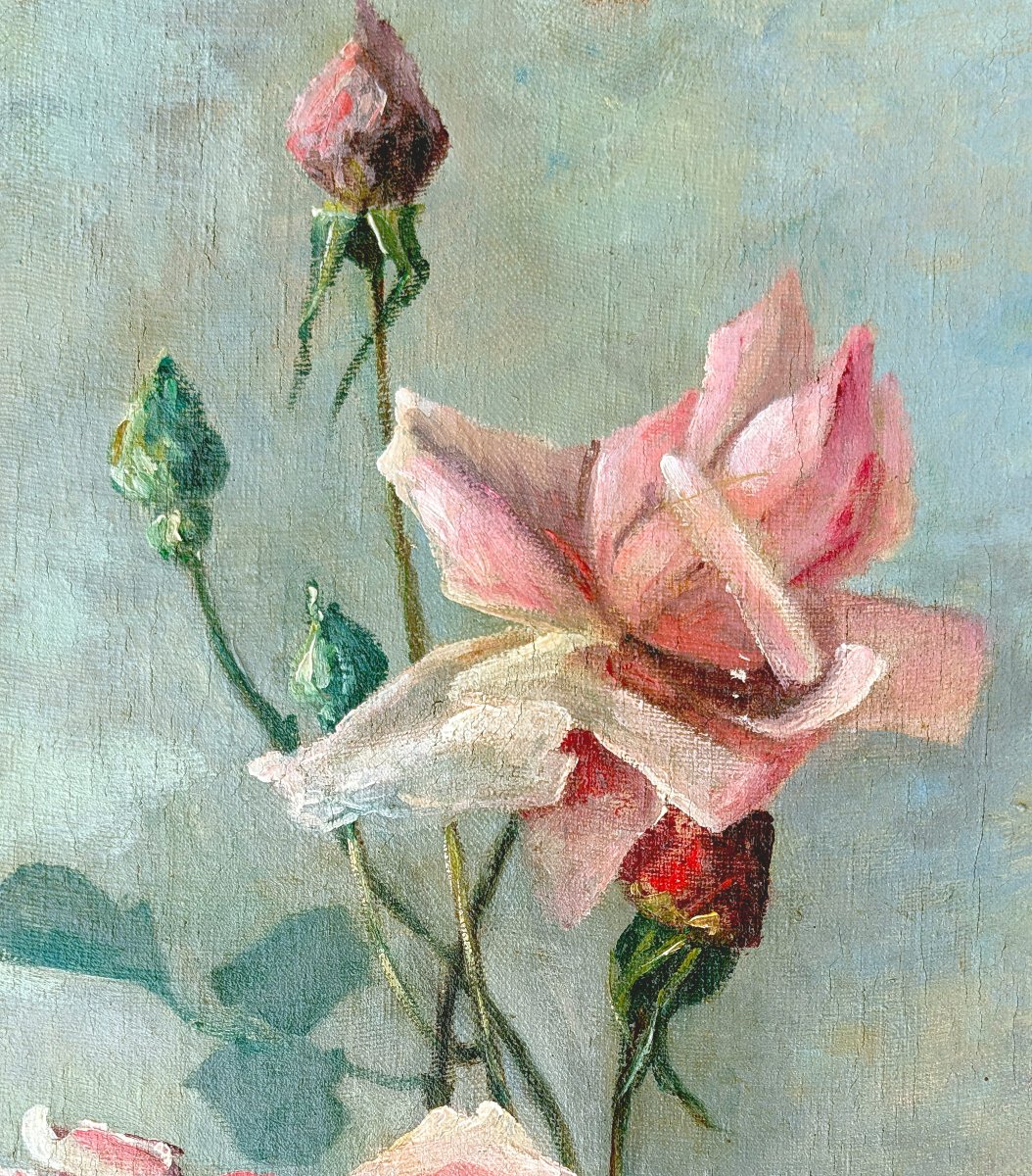 Pair Of Large Decorative Panels Depicting Roses, Oil On Canvas, Late 19th Century-photo-2
