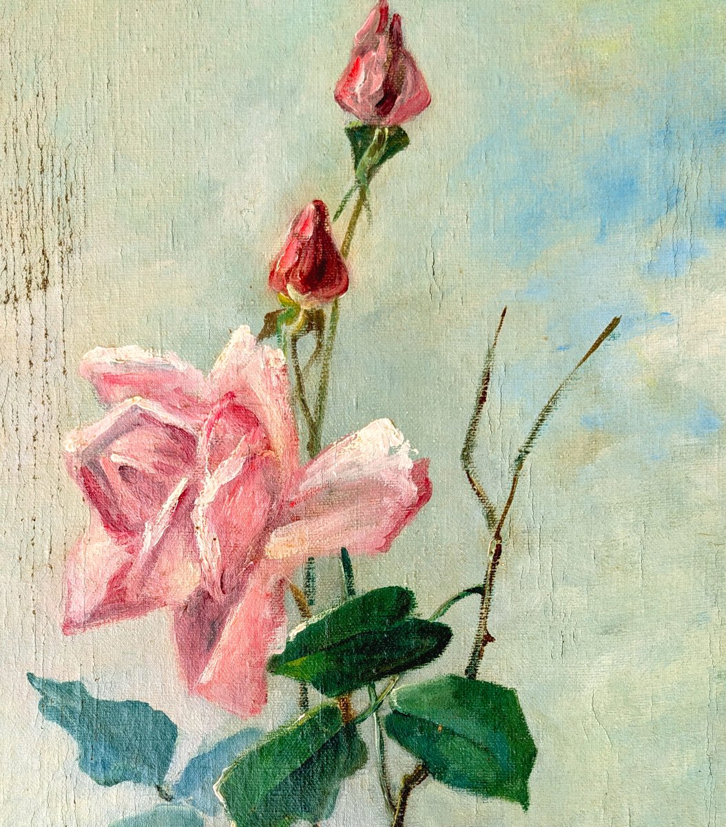 Pair Of Large Decorative Panels Depicting Roses, Oil On Canvas, Late 19th Century-photo-4