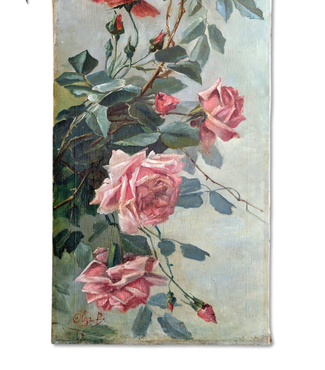 Pair Of Large Decorative Panels Depicting Roses, Oil On Canvas, Late 19th Century-photo-5