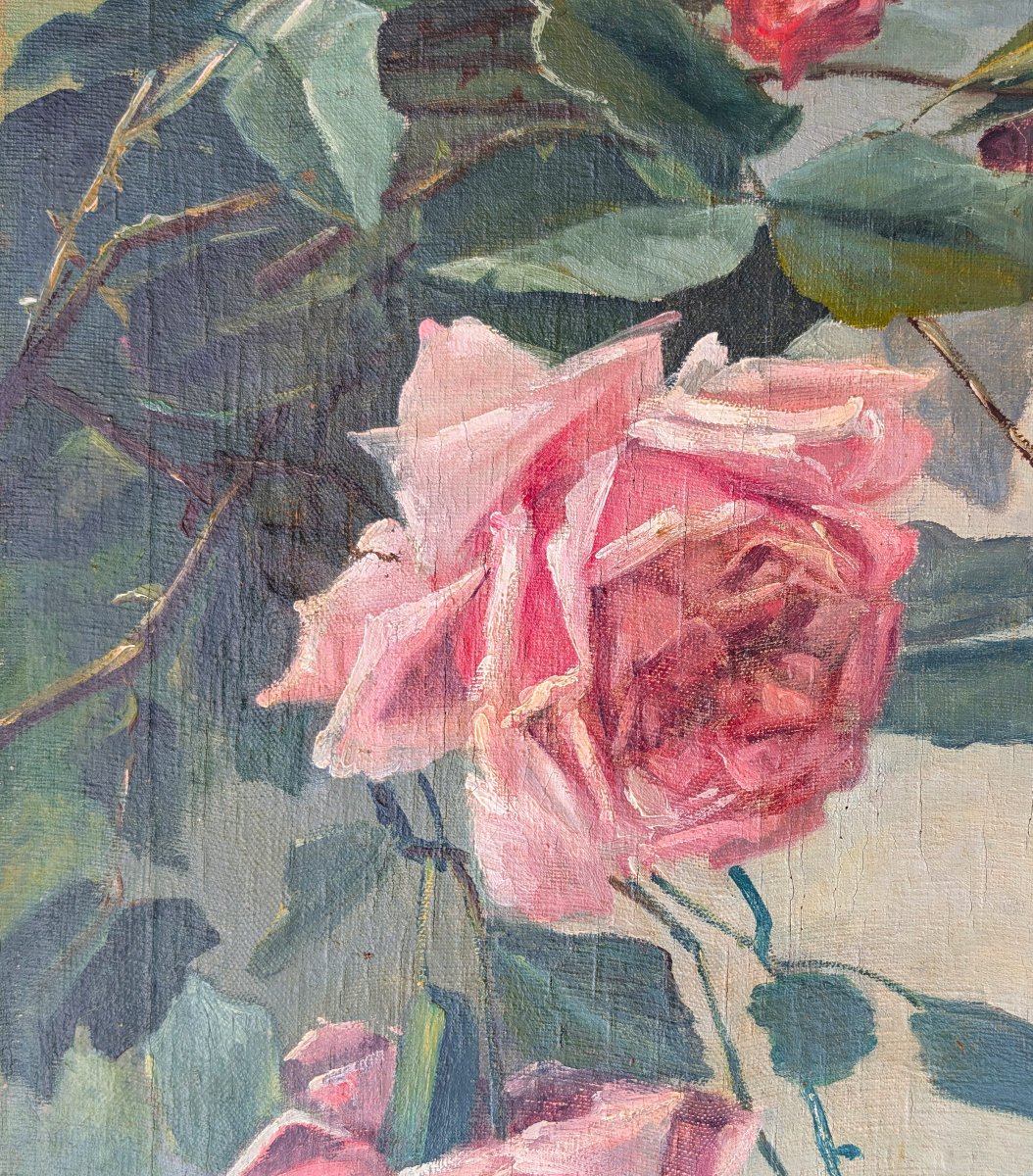 Pair Of Large Decorative Panels Depicting Roses, Oil On Canvas, Late 19th Century-photo-6