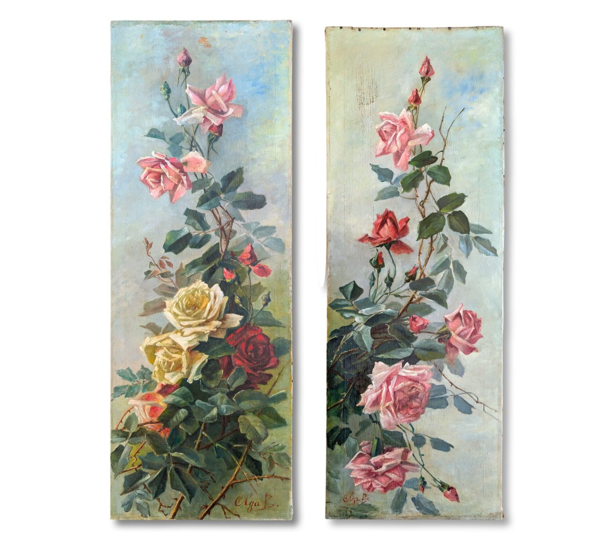 Pair Of Large Decorative Panels Depicting Roses, Oil On Canvas, Late 19th Century