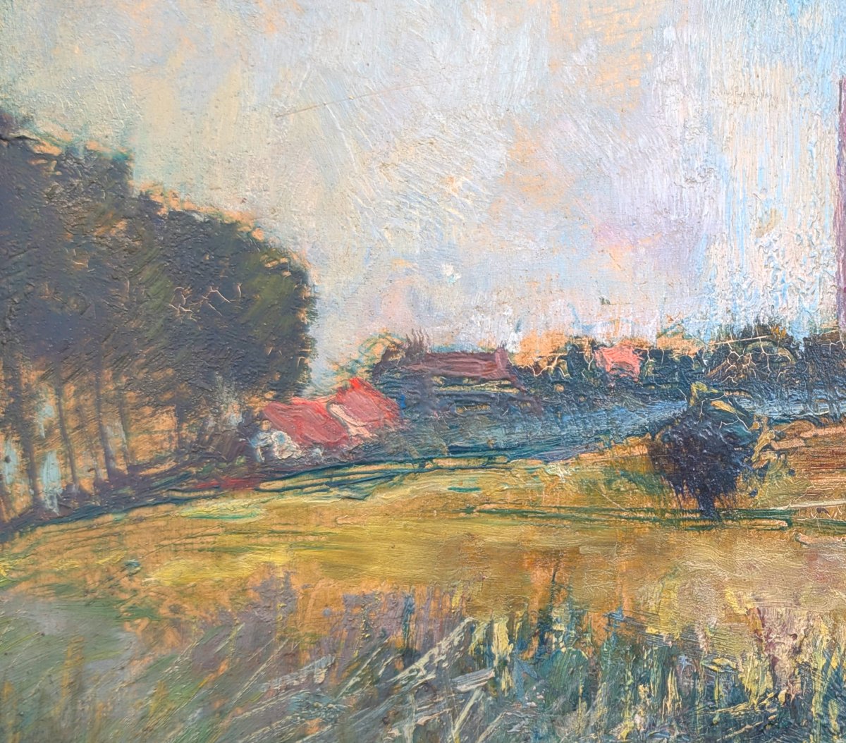 Paysage de 1938 - Vue de clocher - Huile sur panneau monogrammée Charles Van Herbruggen -photo-3