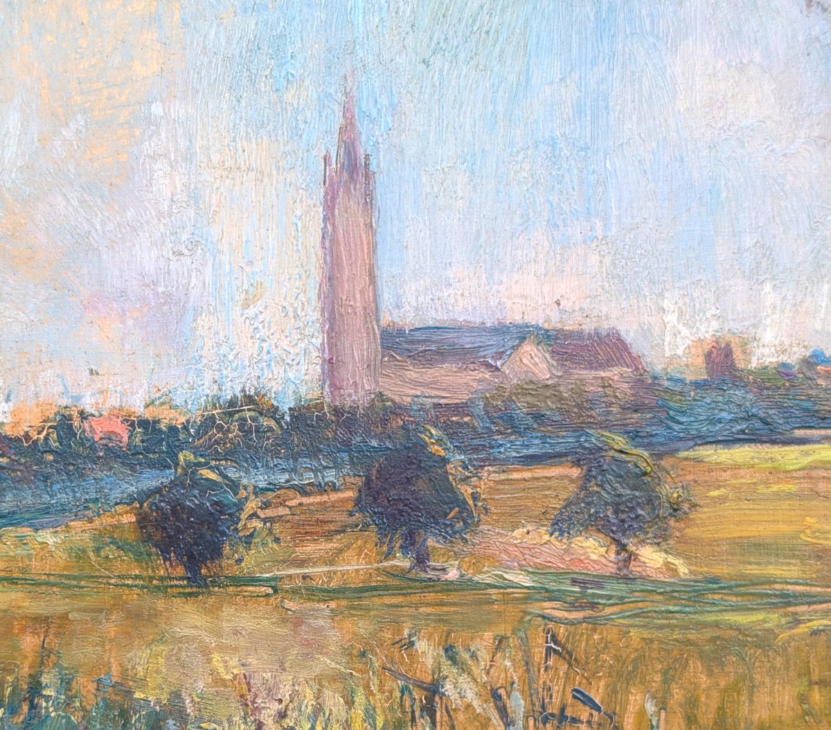 Paysage de 1938 - Vue de clocher - Huile sur panneau monogrammée Charles Van Herbruggen -photo-3