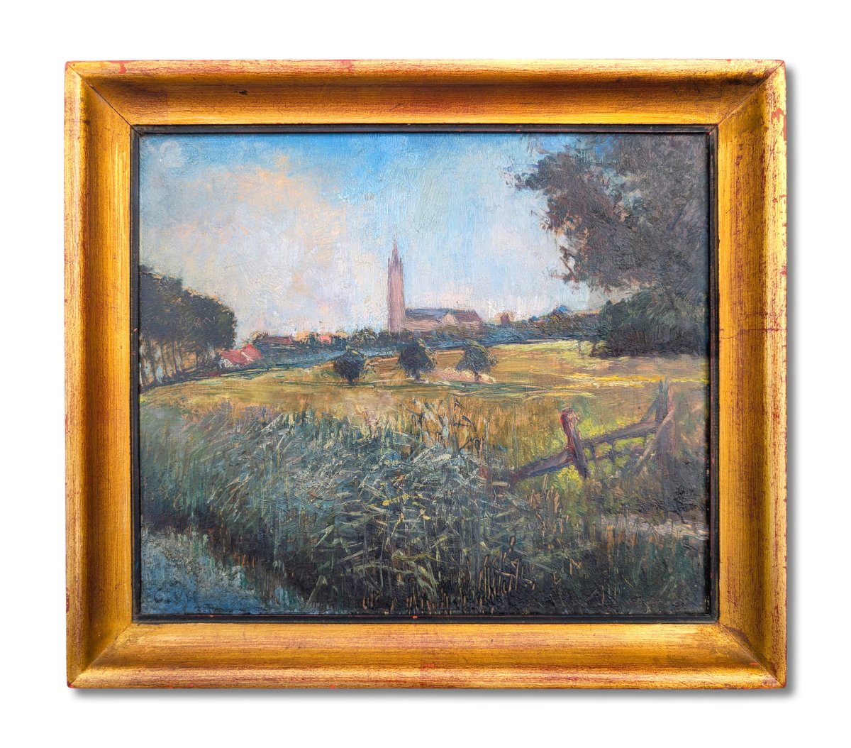 Paysage de 1938 - Vue de clocher - Huile sur panneau monogrammée Charles Van Herbruggen 