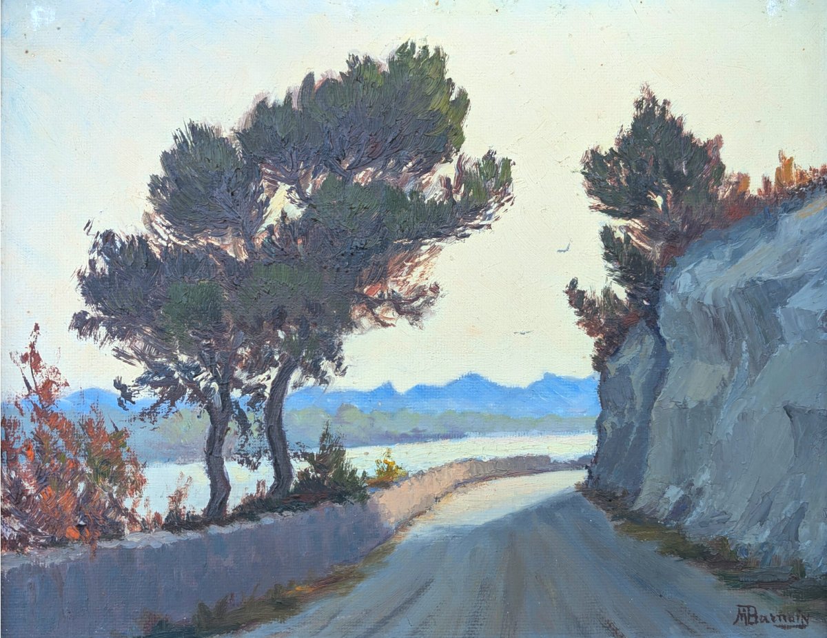 La Côte, huile sur panneau, circa 1950, signée M. Barmain (XXe siècle)-photo-5