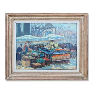 Early 20th Century, Market Scene, Oil On Wood Panel