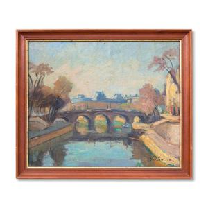 The Quays Of Paris - Oil On Panel, Signed Marc Bardon (19th–20th Century)