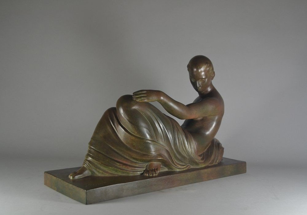 G. Beguin Classic Art Deco Bronze Reclining Lady-photo-5