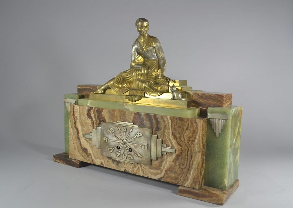 Rare pendule bronze Georges Lavroff. Femme au chaton. -photo-3